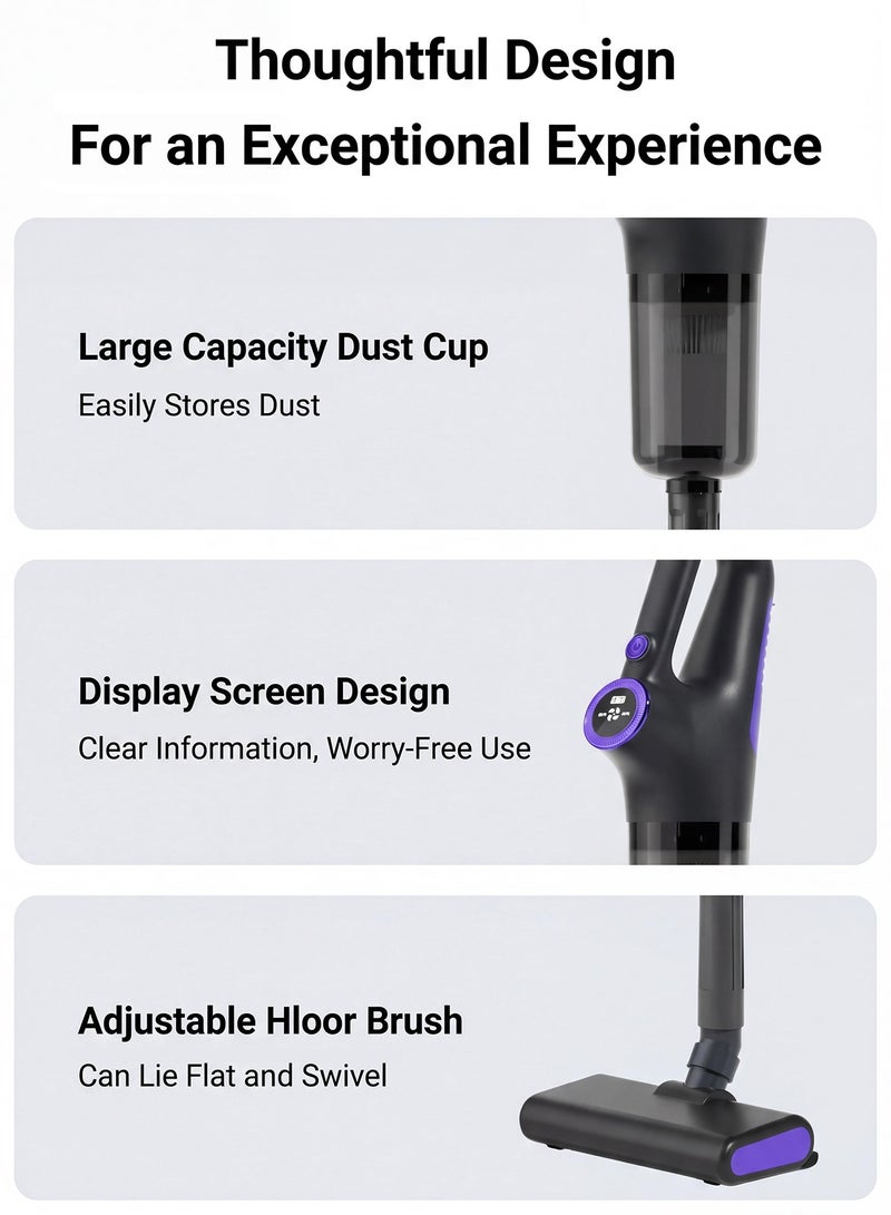 أوسو مكنسة كهربائية لاسلكية خفيفة الوزن، بقوة شفط 15 كيلو باسكال، مزودة بشاشة لمس LED، قابلة لإعادة الشحن، جهاز تنظيف منزلي محمول مزود بفرشاة لإزالة العث، وكوب غبار سعة 650 مل، مناسبة للأرضيات الصلبة والسجاد ذي الوبر المنخفض. - Image 4